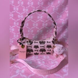 Juicy Couture Cream Crown Print Shoulder Bag with Plush Pom Charm